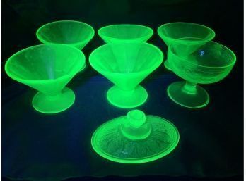 Uranium Glass Custard Cups And Lid