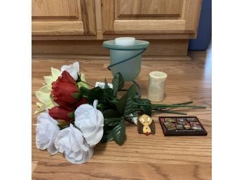 Faux Flowers, Candle Holder, Pin, And Souvenir