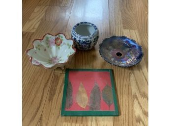 Carnival Glass, Pressed Leaves, Asian Bowl, And Pot