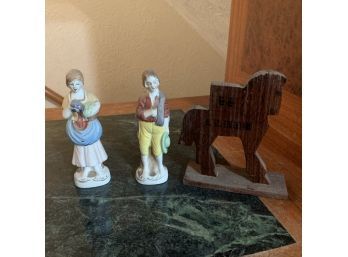 Occupied Japan Figurines And A Wood Horse