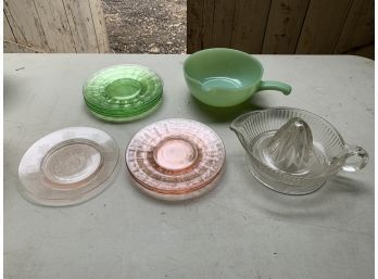 Jadeite Fire King Bowl, Depression Glass, And Glass Juicer