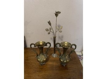 Small Brass Vases Made In Italy And Vase With Metal Flowers