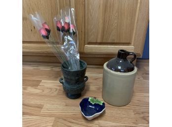 Jug, Vase With Wooden Roses, And Berry Dish
