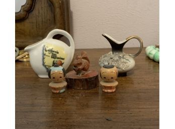Miniature Pitchers, Squirrel, And Wood Asian Dolls