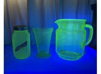 Uranium Glass Shaker, Pitcher, And Footed Tumbler