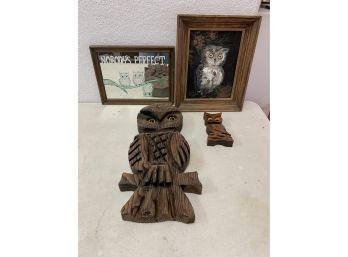 Wood Owl Wall Hangings, Mirror, And Painting