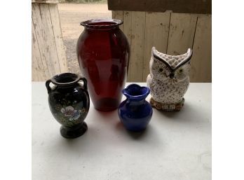 Owl Vase, Floral Vase, Red And A Blue Vase