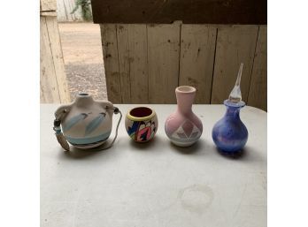 Native American Pottery And Blue Glass