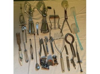 Vintage Kitchen Utensils Egg Beaters, Can Openers, Peelers, Etc..