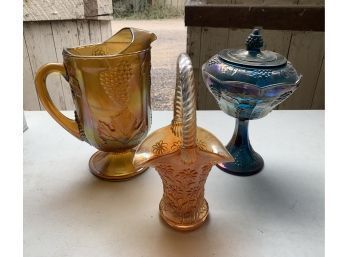 Carnival Glass Pitcher, Basket, And Candy Dish