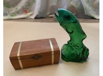 Small Wooden Box And Glass Avon Fish