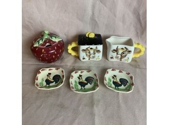 Rooster Tea Bag Holders, Cow Creamer And Sugar, And Strawberry Jam Jar