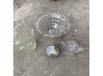Glass Bowls, Pitcher, And A Stone