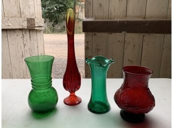 Colored Glass Vases, Red And Green