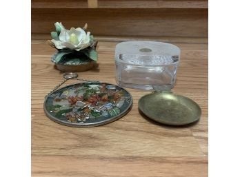 Stained Glass, Ashtray, Owl Box, And Flower Figurine