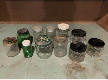 Assortment Of Jars Including Barbasol And Green Glass