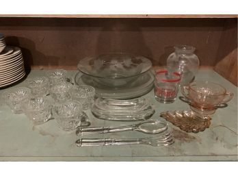 Assorted Glass Pieces, Large Bowl, Teacups, Vase, Etc