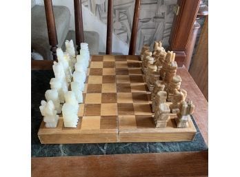 Wood Box Chess Set With Stone Pieces