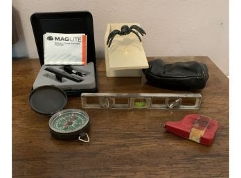 Compass, Mini Maglite, Spider Prank Box And More