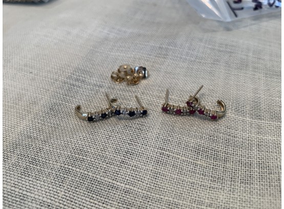 2 Pairs Of 10k Gold Earrings With Diamonds, Rubies, And Sapphires