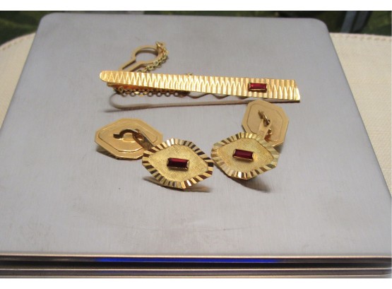 18k Gold Cuff Links And Tie Clip