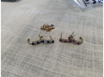 2 Pairs Of 10k Gold Earrings With Diamonds, Rubies, And Sapphires