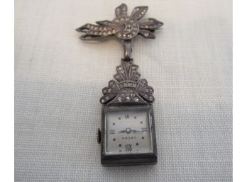 1920s Leora Sterling Silver Watch Brooch With Rhinestones