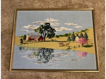 Crewel Embroidery Art - Farm On A Lake
