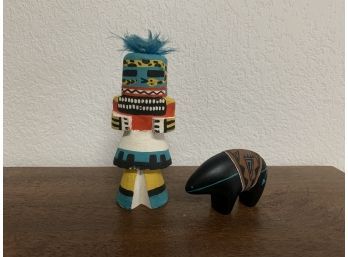 Vintage Hopi Pueblo Indian Highway Route 66 Guard Kachina And Native American Bear Pottery