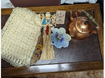 Assortment Of Home Decor - Copper Toned Teapot, Sand Art, Straw Angel And More