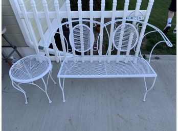 White Metal Patio Bench And Side Table