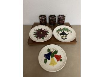 Christmas Cocktail Glasses And Hand Painted Plates