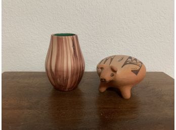 Vintage Piggy Bank And Small Vase Pottery