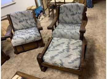 1970s Wood Frame Armchair With Foot Stool And Rocking Chair