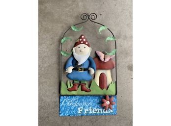 Welcome Friends Metal Gnome Sign