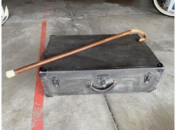Antique Metal Suitcase And Vintage Wood Cane