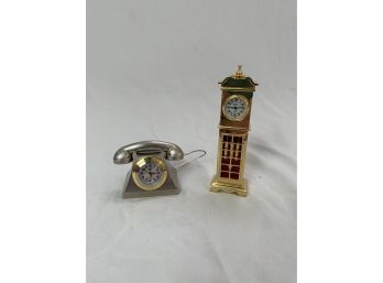 Miniature Clocks - Grandfather Clock And Telephone