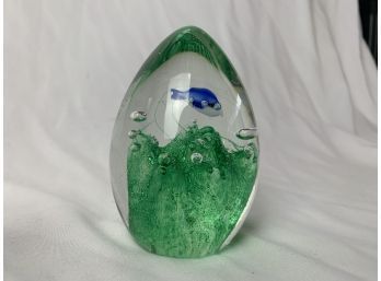 Egg Shaped Paperweight With Blue Fish And Green Lower Portion