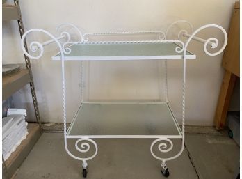 White Metal Scroll Cart With Tempered Glass Shelves