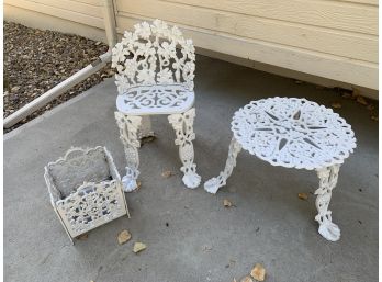 White Cast Iron Chair, Table, And Basket