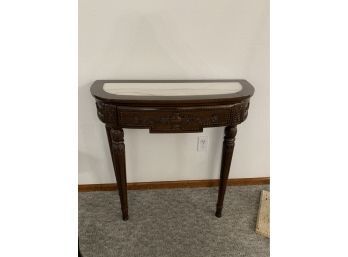 Carved Wood Marble Top Half Moon Console Table With Drawer
