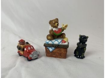 Little Trinket Boxes - Bear On Picnic Basket, Apple Truck, And Black Cat
