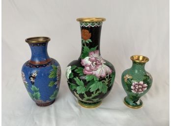 Trio Of Vintage Cloisonne Metal Vases