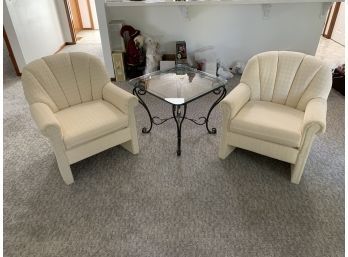 Pair Of Light Yellow Checkered Accent Armchairs