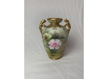 Hand Painted Nippon Vase Raised Gold Paint And Floral Design