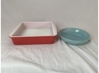 Pink Pyrex Pan And Blue Fire King Bowl
