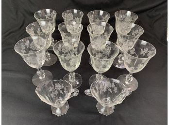 Heisey Glass Etched Rose Water Goblets / Wine Glasses With Creamer And Sugar