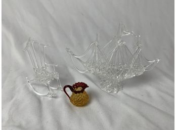 Glass Miniatures - Ship, Rocking Chair, And Pitcher
