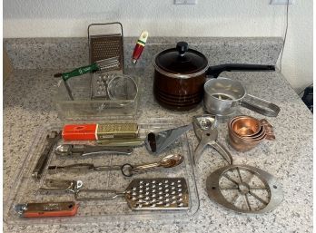 Vintage Kitchen Utensils, Glasbake Loaf Pan, And Sauce Pan
