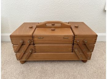 Wood Dovetailed Accordian Style 3 Tier Sewing Box And Its Contents